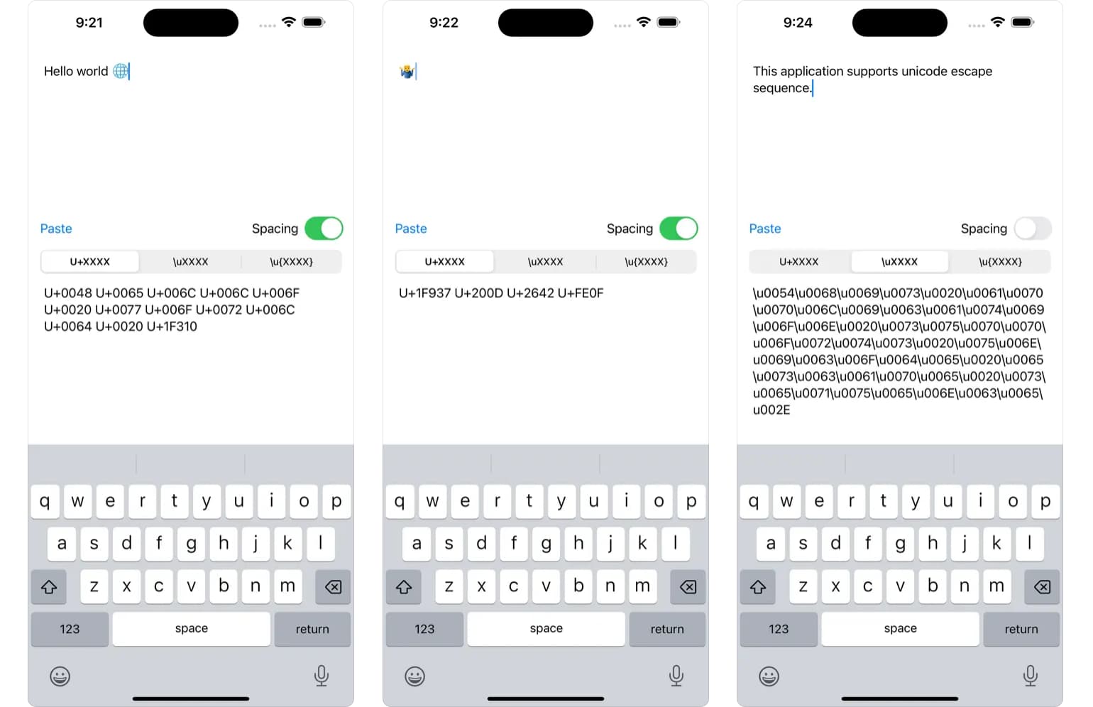 text2unicode アプリのスクリーンショット。文字や絵文字から Unicode に変換された様子が写っている。